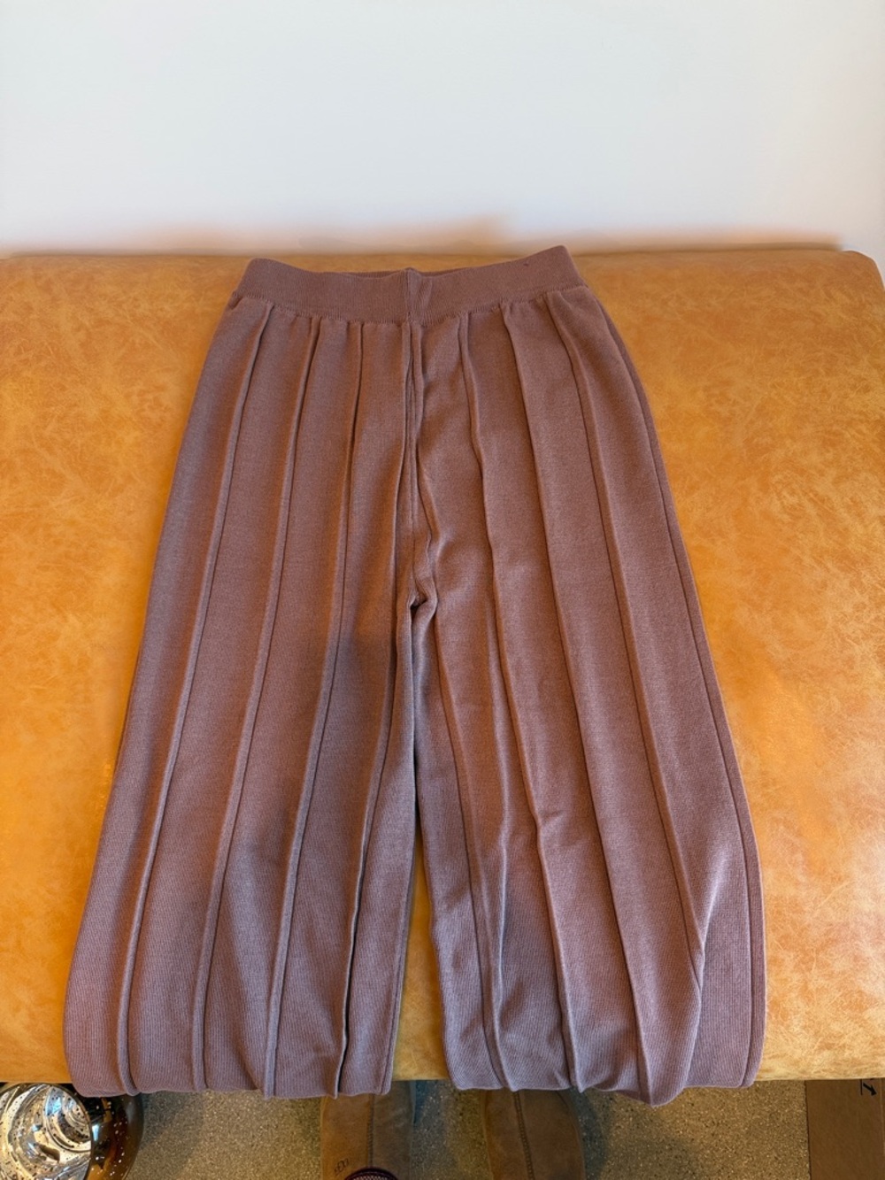 Amazon Wide Leg Pleated Knit Jumpsuit Pants in Mauve Brown